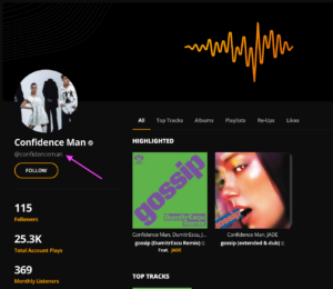 A music artist profile page for Confidence Man on Audiomack, featuring their profile picture, a follow button, stats, and highlighted tracks.